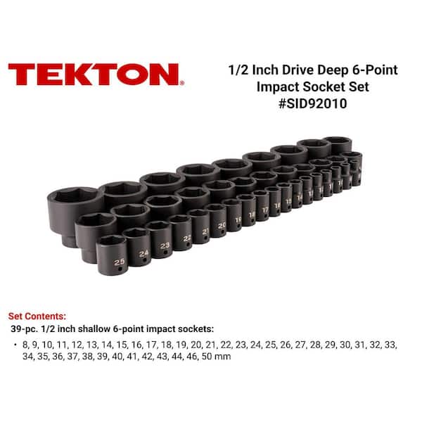 1/2 Inch Drive Shallow 6-Point Impact Socket Set, 39-Piece (8-50 mm)