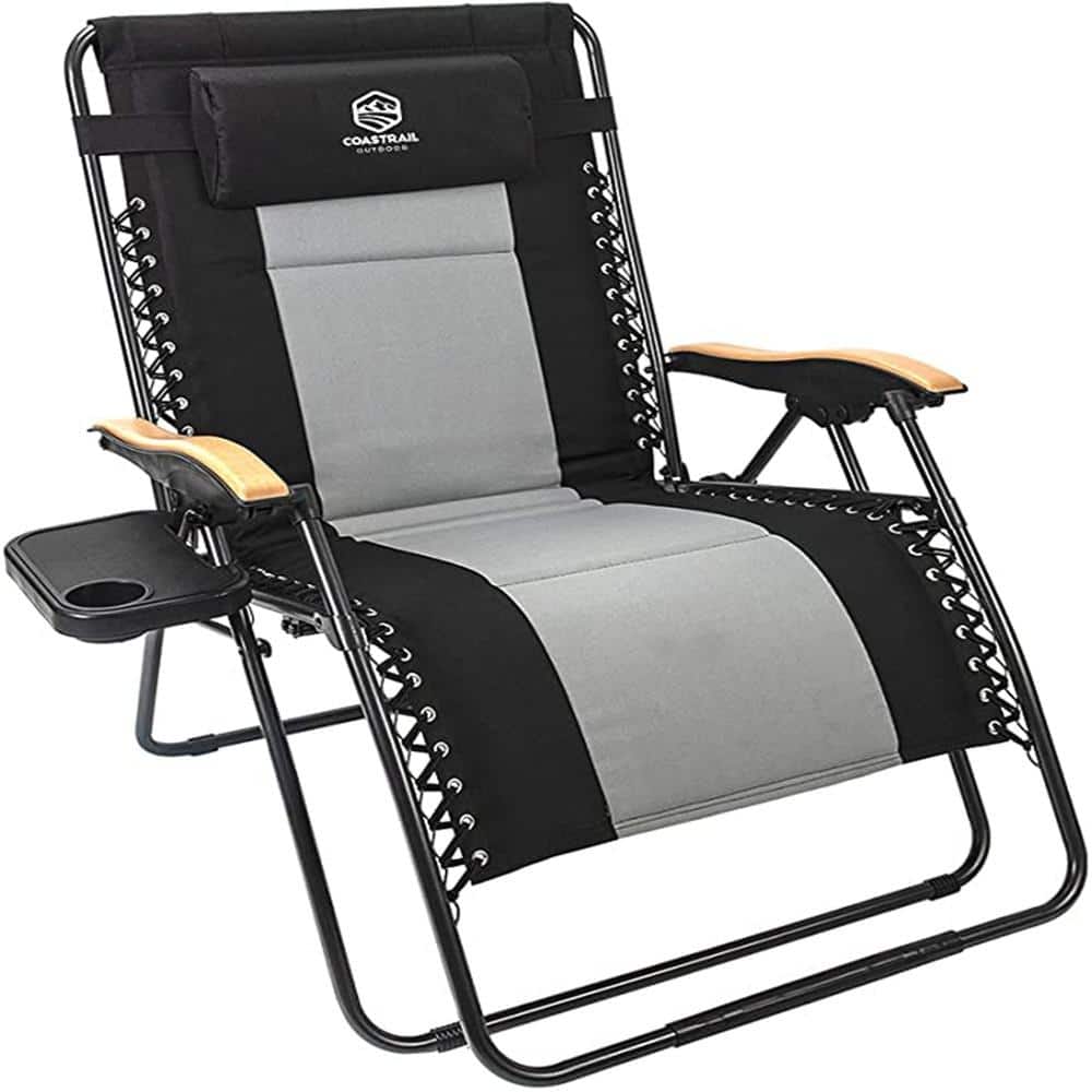 Outdoor Folding 0-Gravity Black and Gray Lounge Chair with Wood Armrest