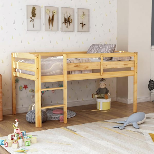 Harper & Bright Designs Walnut (Light Brown) Wood Frame Twin Size Low Loft Bed with with Ladder