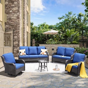 Monet Brown 5-Piece Wicker Patio Conversation Seating Sofa Set with Navy Blue Cushions and Swivel Rocking Chairs