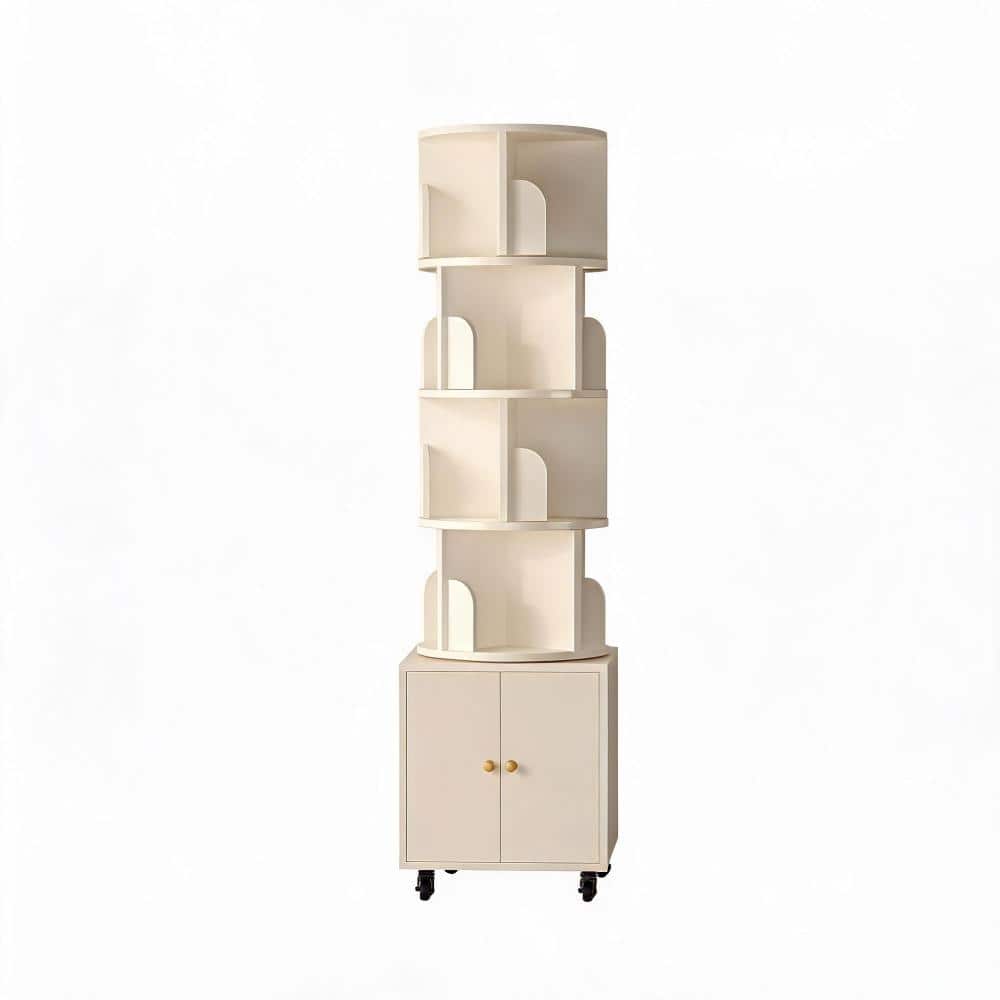 Rotating 5-Tier Corner Bookshelf [White] [MDF] 5-Shelf Modern Bookcase with 360-Degree Rotating Design and Drawer,