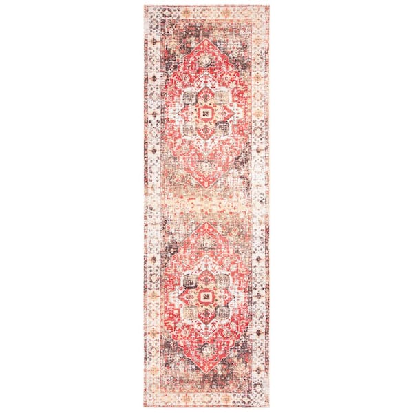 Saffron 2 ft. x 8 ft. Ivory/Red Ornate Distressed Medallion Runner Rug
