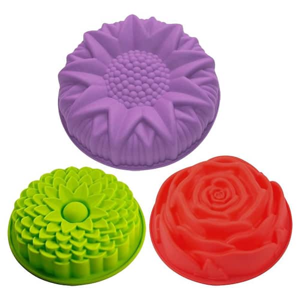 3 Pack Large Flower Shape Silicone Baking Molds Round Sunflower Chrysanthemum Rose Non-Stick Flexible Tray