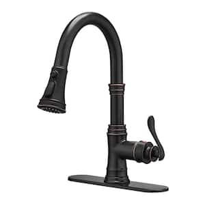 Single-Handle Deck Mount Gooseneck Pull Down Sprayer Kitchen Faucet with Deckplate in Oil Rubbed Bronze