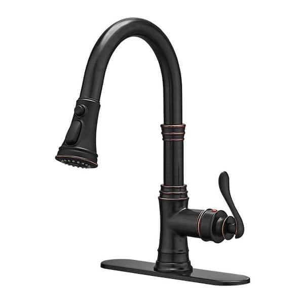 FLG Single-Handle Deck Mount Gooseneck Pull Down Sprayer Kitchen Faucet with Deckplate in Oil Rubbed Bronze