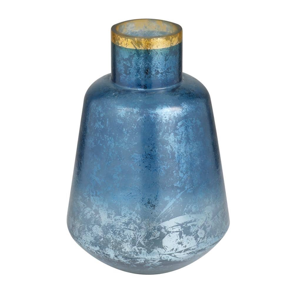 Elegant Blue and Silver-White Glass Vase with Gold Rim Accent, 14"