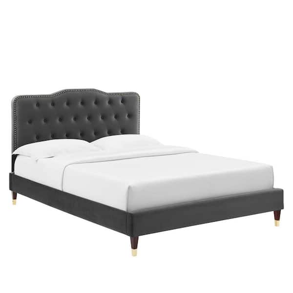 MODWAY Amber in Black Charcoal Performance Velvet Frame Queen Platform Bed