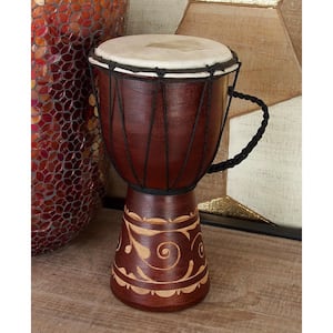 7 in. x 12 in. Brown Wood Handmade Djembe Drum Sculpture with Rope Accents