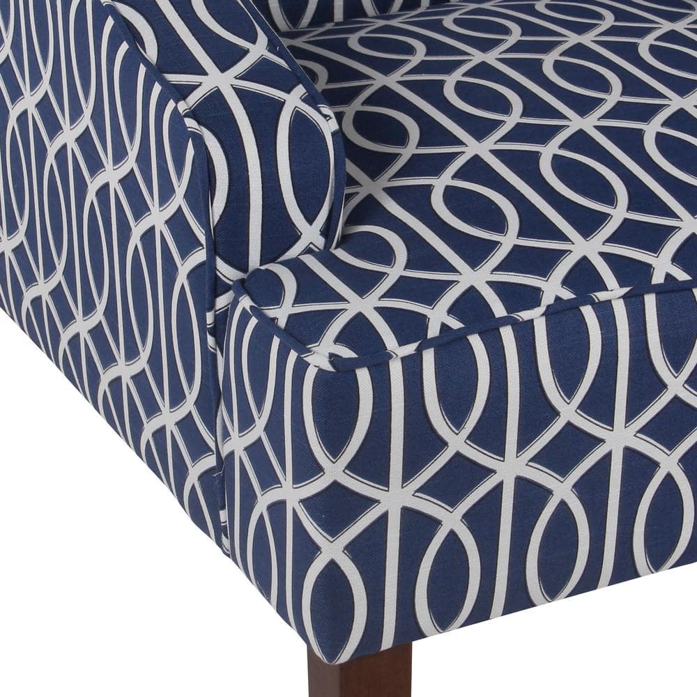 Classic Blue Trellis Swoop Arm Accent Chair with Wood Legs