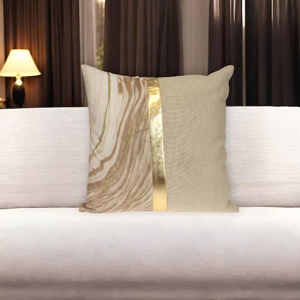 HomeRoots Beige, Gold Striped Polyester 20 in. x 20 in. Throw Pillow
