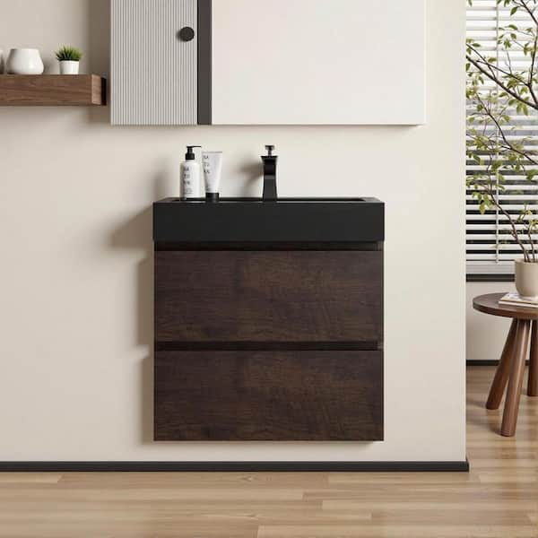 24 in. Wall Mount Modern Single Sink Walnut Bath Vanity with One-Piece Black Solid Surface Top Sink Pre-assembled