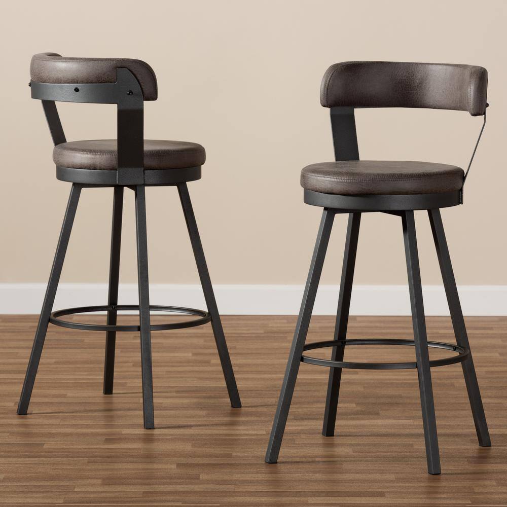 Arcene Antique Gray Faux Leather Swivel Barstools with Metal Frame, Set of 2