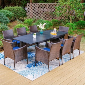 Black 9-Piece Metal Patio Outdoor Dining Set with Geometric Extendable Table and Rattan Chairs with Blue Cushion