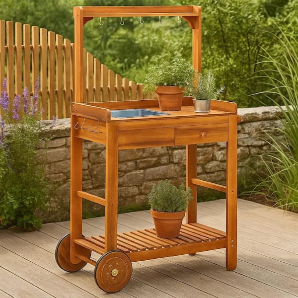 Brown Outdoor Rolling Garden Cart on Wheels with Tray