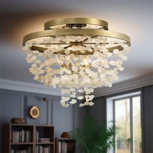 Stonybrook 30 in. 6-Light Harvest Gold Shaded Flush Mount with Natural Stones Shade and No Bulbs Included