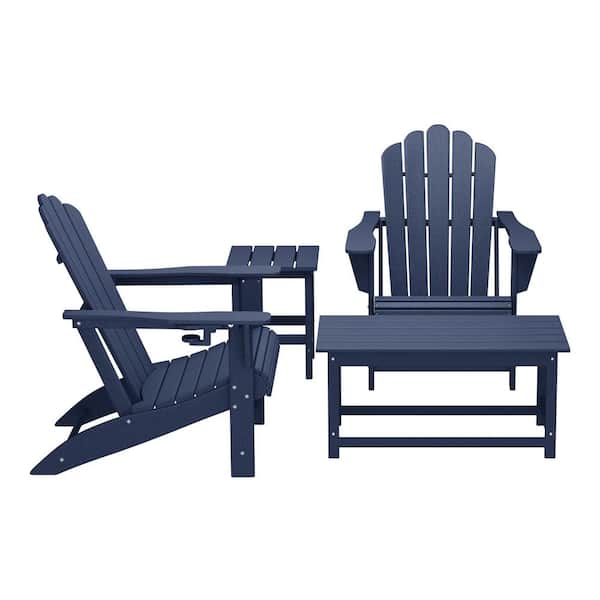 WESTIN OUTDOOR Aderson 4-Piece All Weather Outdoor Patio Navy Blue Plastic Adirondack Cup Holder Chairs and Table Converstation Set