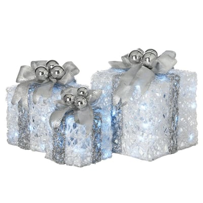 8 in., 10 in. and 12 in. Glittered White Gift Boxes with 70 Cool White Twinkle LED Lights (Set of 3)