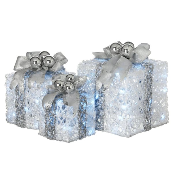 National Tree Company 8 in., 10 in. and 12 in. Glittered White Gift Boxes with 70 Cool White Twinkle LED Lights (Set of 3)