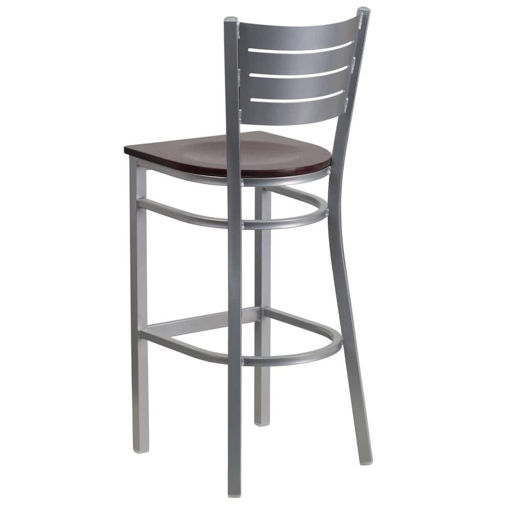 Sleek Silver Metal and Mahogany Wood Slat Back Barstool