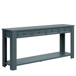 63 in. Dark Blue Rectangle Pine Wood Console Table Sofa Table with 4 Drawers and 1 Bottom Shelf