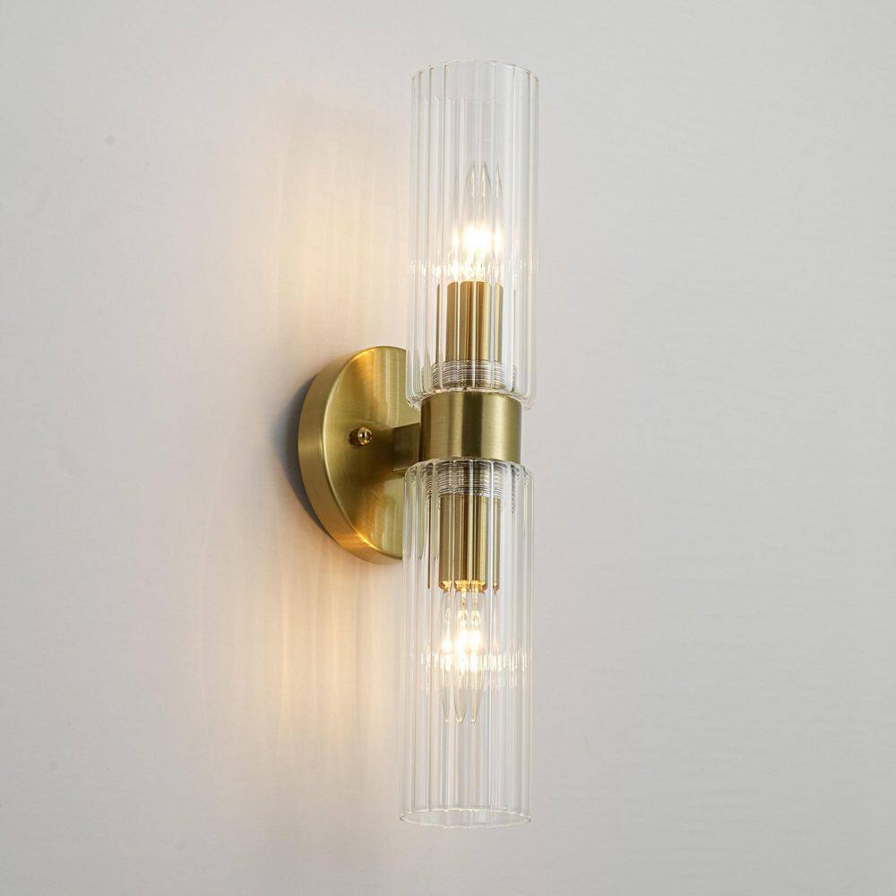 Aroa 2-Light 16 in. Brass Cylinder Transitional Wall Sconce with Striped Clear Glass Tube and IP44 price history on PriceWatchPro