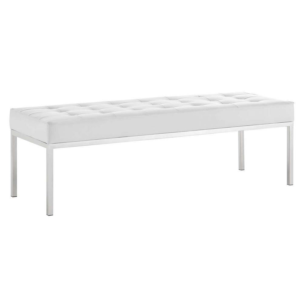 White Vegan Leather Tufted Bench with Stainless Steel Legs