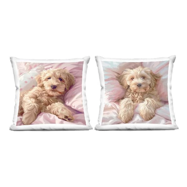 Stupell Industries Cuddling Labradoodle in Bed Beige Print Polyester 18 in. x 18in. Throw Pillow, (Set of 2)
