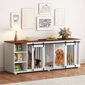 Large Dog Crate Furniture, 86.6" Wooden Double Dog House Kennel Furniture with Sliding Door, Storage Shelves and Divider