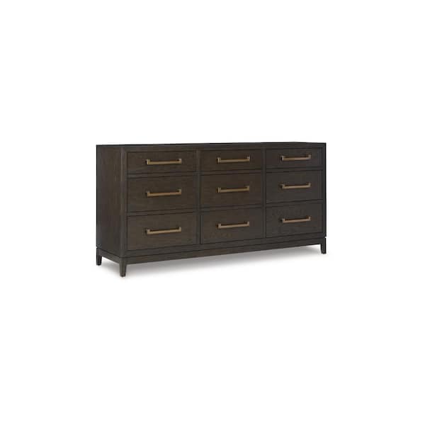 Benjara Brown and Brass 9-Drawers 71 in. Dresser Without Mirror