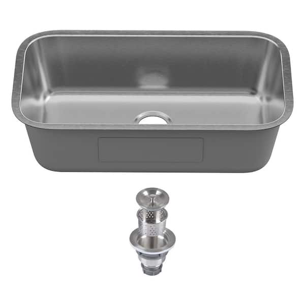 32 in. Undermount Single Bowl 18 Gauge Sliver Stainless Steel Kitchen Sink with Basket Strainer