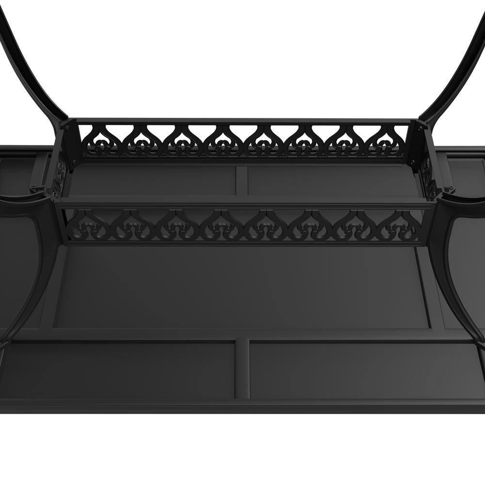 Perspective view of the underside of the black cast aluminum patio dining table.
