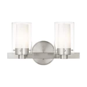 Baxter 14.5 in. 2-Light Brushed Nickel Vanity Light with Clear Outer Glass and Opal Inner Glass