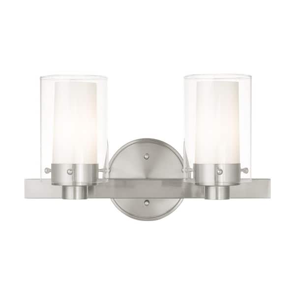 AVIANCE LIGHTING Baxter 14.5 in. 2-Light Brushed Nickel Vanity Light with Clear Outer Glass and Opal Inner Glass