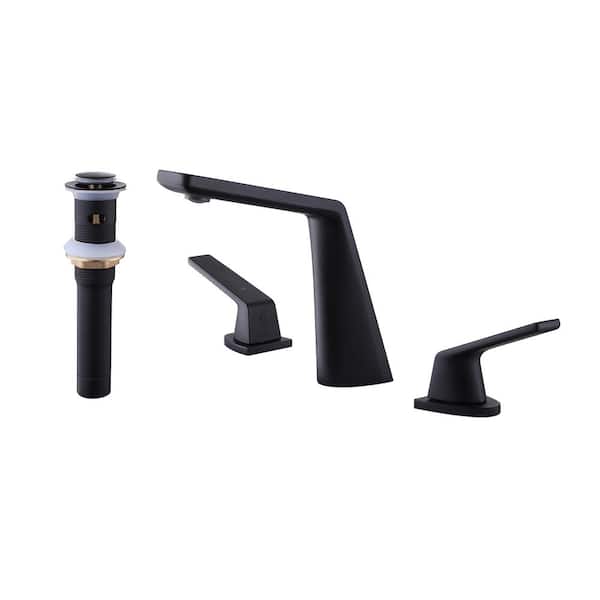 Tomfaucet 8 in. Widespread Deck Mount 2-Handle Bathroom Faucet with Pop Up Drain in Matte Black