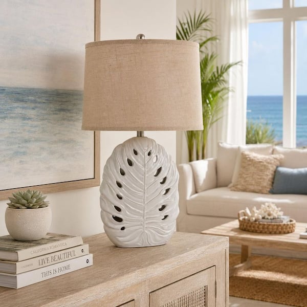 29 in. White Ceramic Pierced Leaf Table Lamp with Beige Linen Shade