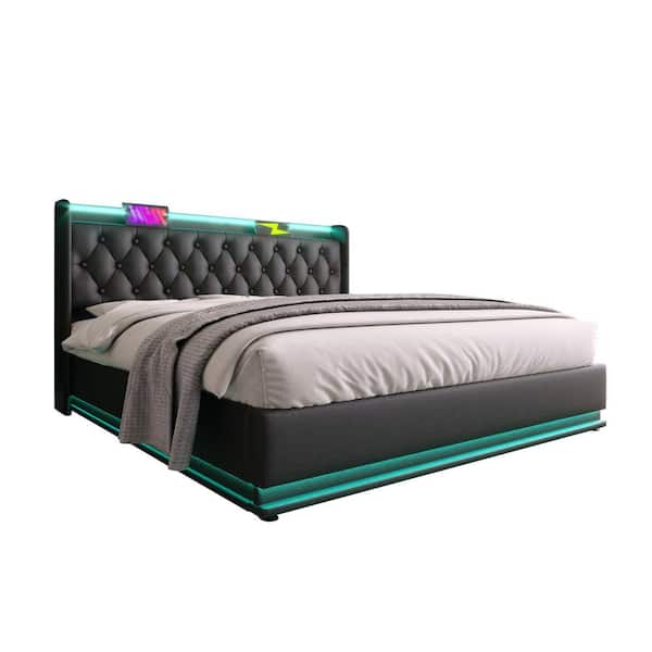 Black Wood Frame Queen Size PU Leather Upholstered Platform Bed with 360 Surround LED Function and USB Type-C Charging