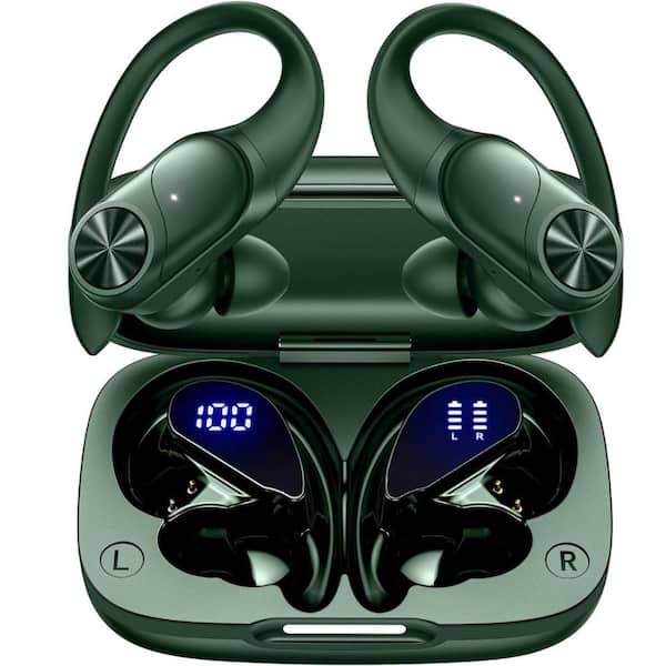 Etokfoks Premium Deep Bass IPX7 Wireless Earbuds with Wireless Charging Case Digital Display, Olive