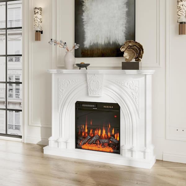 55.2 in. White Rectangle Wood Console Table with Electric Fireplace Heater, 12 Color Flame, Remote, Timer, Carved