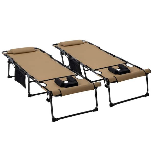 Unbranded Beige 2-Piece Outdoor Folding Chaise Lounge with 5-level Reclining Back, Reading Face Hole, Side Pocket and Headrest