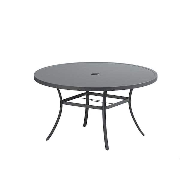 53 in. Round Tabletop Metal Outdoor Dining Table, Patio Table with Umbrella Hole for Garden Backyard Lawn, Dark Gray