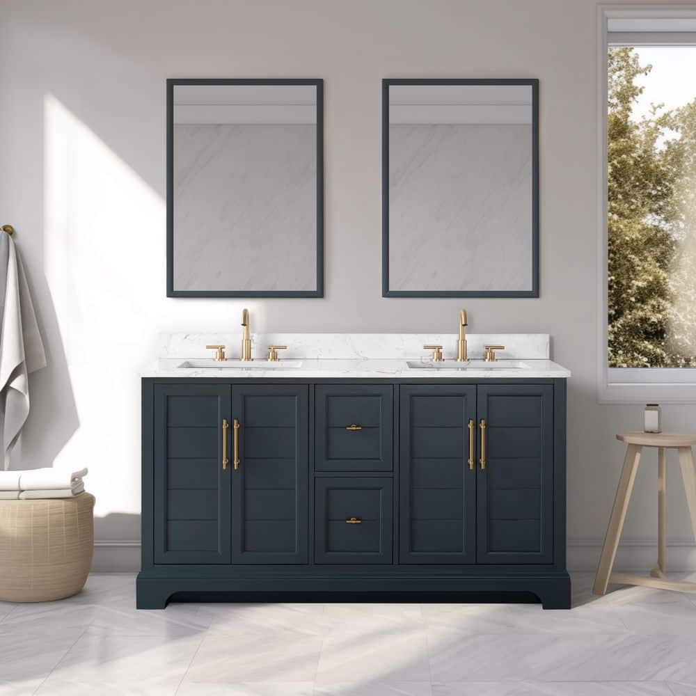 60 in. W x 22 in. D x 34 in. H Double Sink Vintage Spruce Blue Bath Vanity with White Engineered Marble Top price history on PriceWatchPro