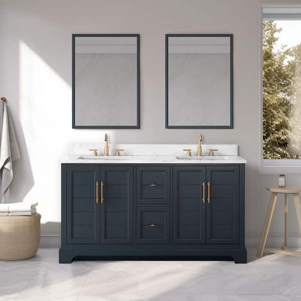 Vanity Art 60 in. W x 22 in. D x 34 in. H Double Sink Vintage Spruce Blue Bath Vanity with White Engineered Marble Top