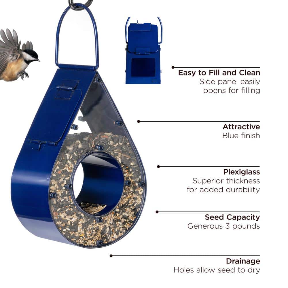 Blue Metal Hanging Raindrop Bird Feeder with Plexiglass