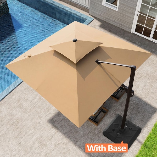 Pellebant Double Top 10 ft. x 10 ft. Square Aluminum 360° Rotation Cantilever Patio Umbrella in Tan with 220 lbs. Umbrella Base