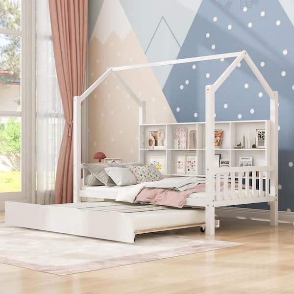 Rudolf White Twin Size Wood Kids Playhouse Bed with Trundle and Storage Shelf