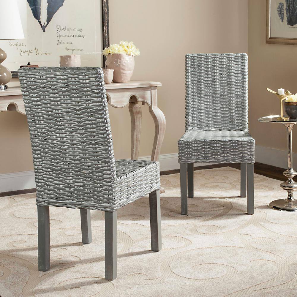 Transitional Gray White-Washed Parsons Side Chair with Cane Slat