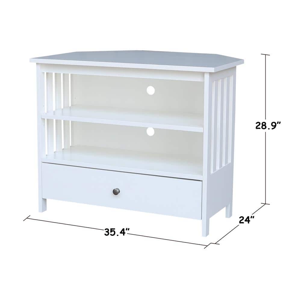 White Solid Wood Corner TV Stand with Shelves and Drawer