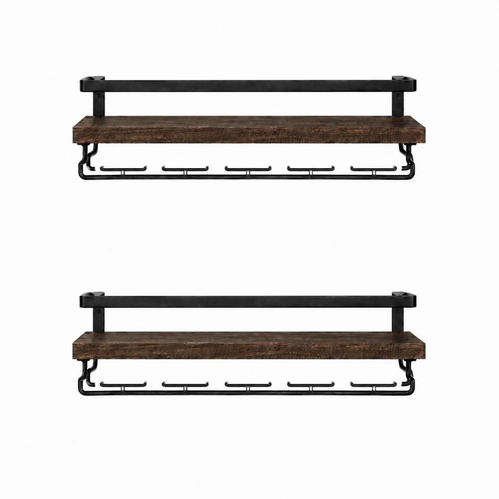 Brown Rustic Wall Mounted Wine Rack Set of 2 Wood and Steel with Stemware Hanger
