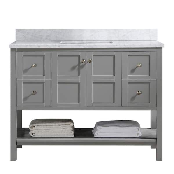 PROOX 48 in. W Bath Vanity in Gray with Carrara Marble Top with White Basin