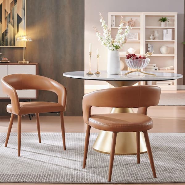 Modern 3-Piece Faux Marble Round Dining Table with Caramel Brown PU Leather Chairs Dining Room Set for Kitchen